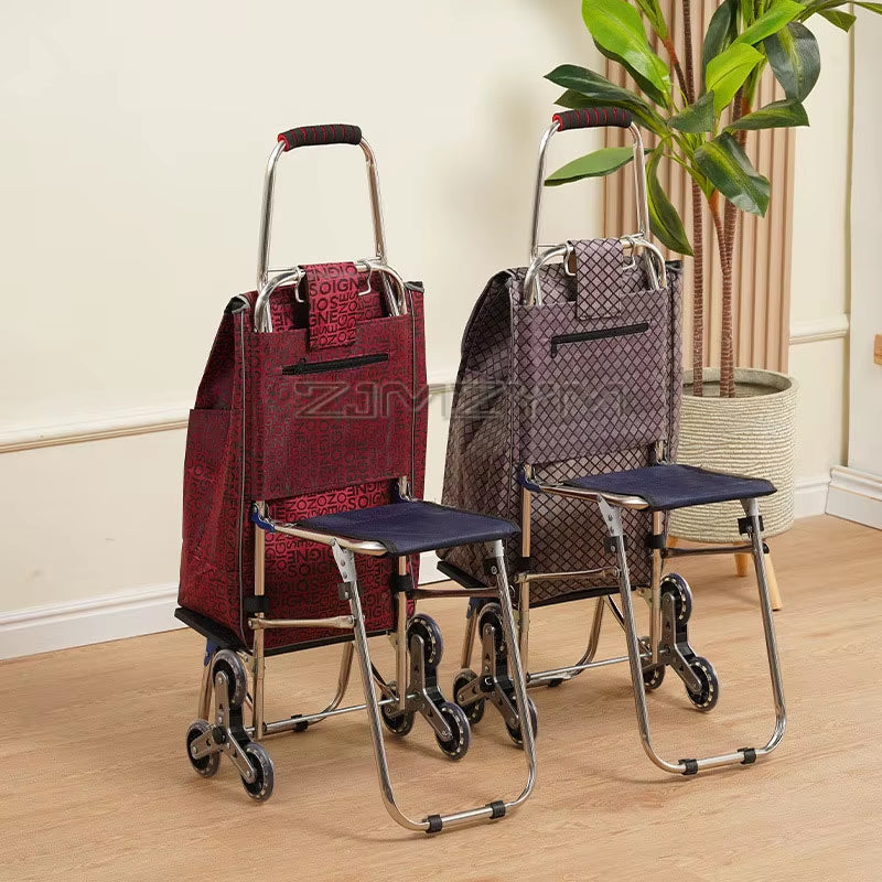 Carrito De Compras Con Diseño De Asiento, Carrito Tirado a Mano De Gran Capacidad, Plegable, Para Subir Escaleras, Tapón Para Verduras Con Bolsa Impermeable