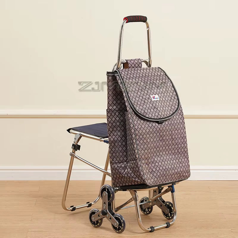 Carrito De Compras Con Diseño De Asiento, Carrito Tirado a Mano De Gran Capacidad, Plegable, Para Subir Escaleras, Tapón Para Verduras Con Bolsa Impermeable