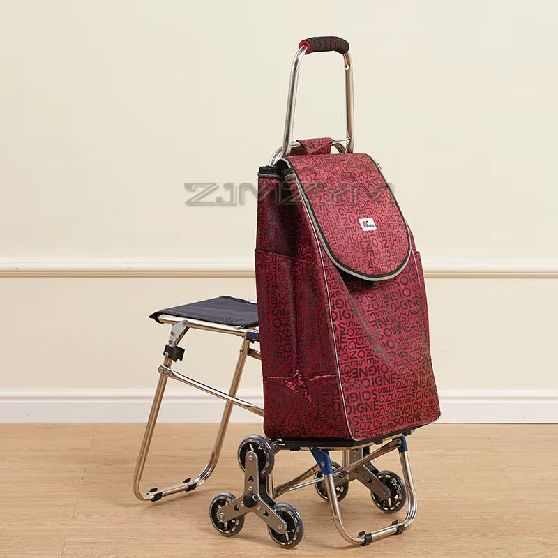 Carrito De Compras Con Diseño De Asiento, Carrito Tirado a Mano De Gran Capacidad, Plegable, Para Subir Escaleras, Tapón Para Verduras Con Bolsa Impermeable